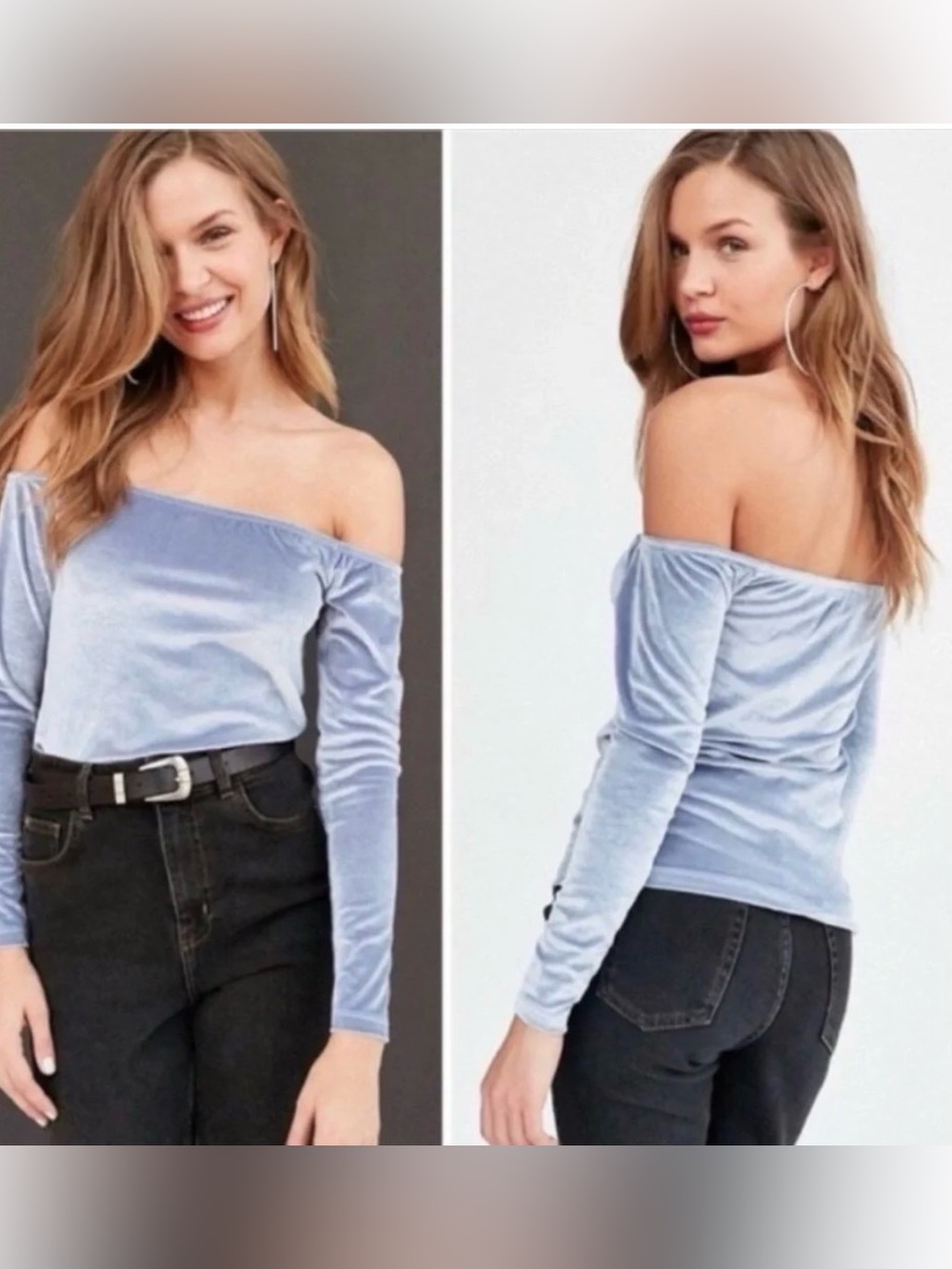 Silence + Noise Blue Velvet Off Shoulder Long Sleeve Top M